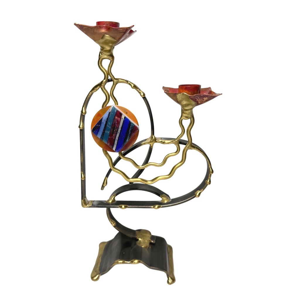 Gary Rosenthal Heart Shape Metal & Glass Shabbat Candle Holder Handmade Jewish